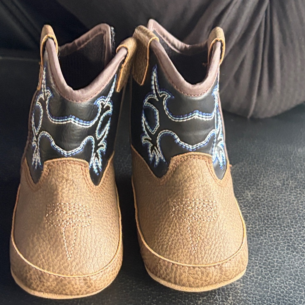 Ariat Brown & Black Toddlers Western Pull-On Boots with Blue Stitching